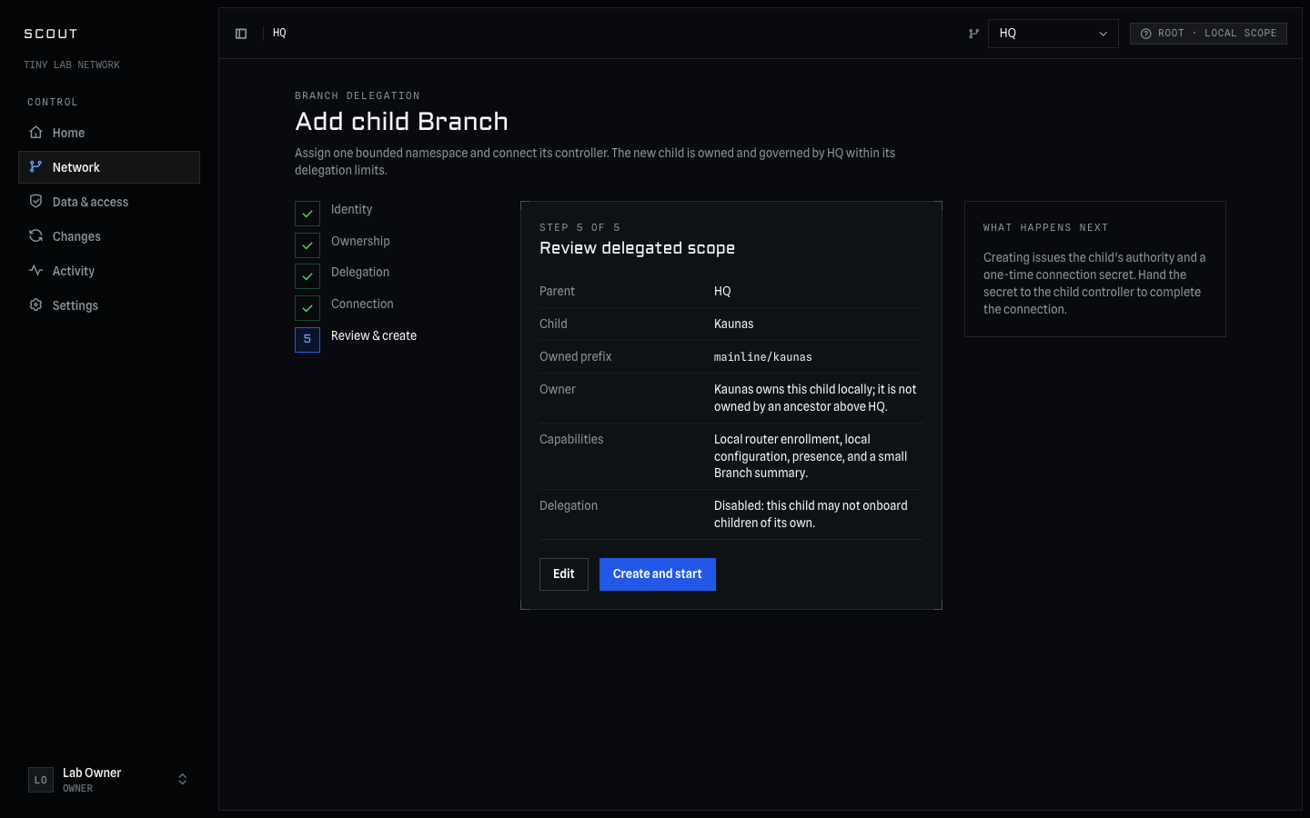Scout Add child Branch review showing the child identity, its owned prefix, ownership, capabilities, and delegation limit before anything is created