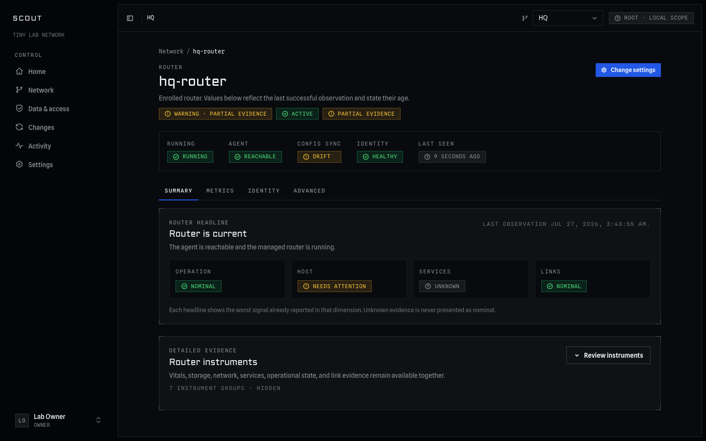 Scout managed router summary showing separate running, agent, config sync, identity, and last-seen readings above per-dimension operation, host, services, and links verdicts