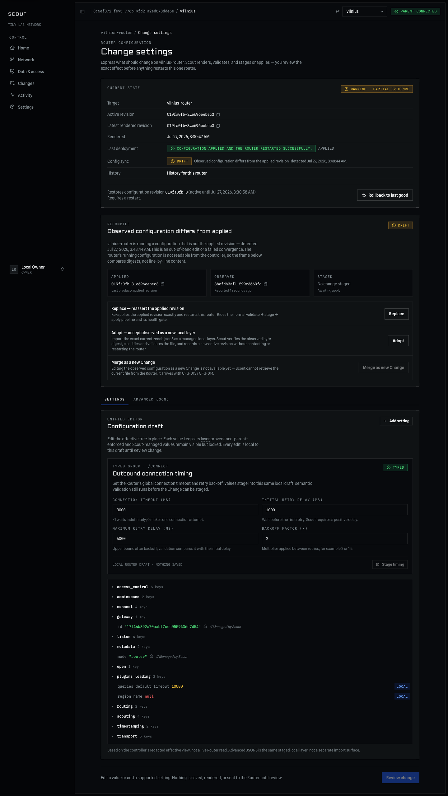 Scout router settings screen showing an applied deployment and effective configuration with provenance