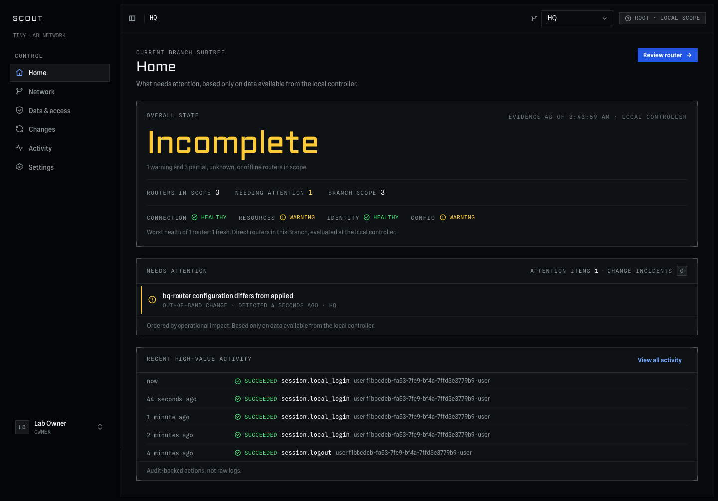 Scout Home screen showing an incomplete overall state, the routers in scope, an attention list, and recent audit-backed activity